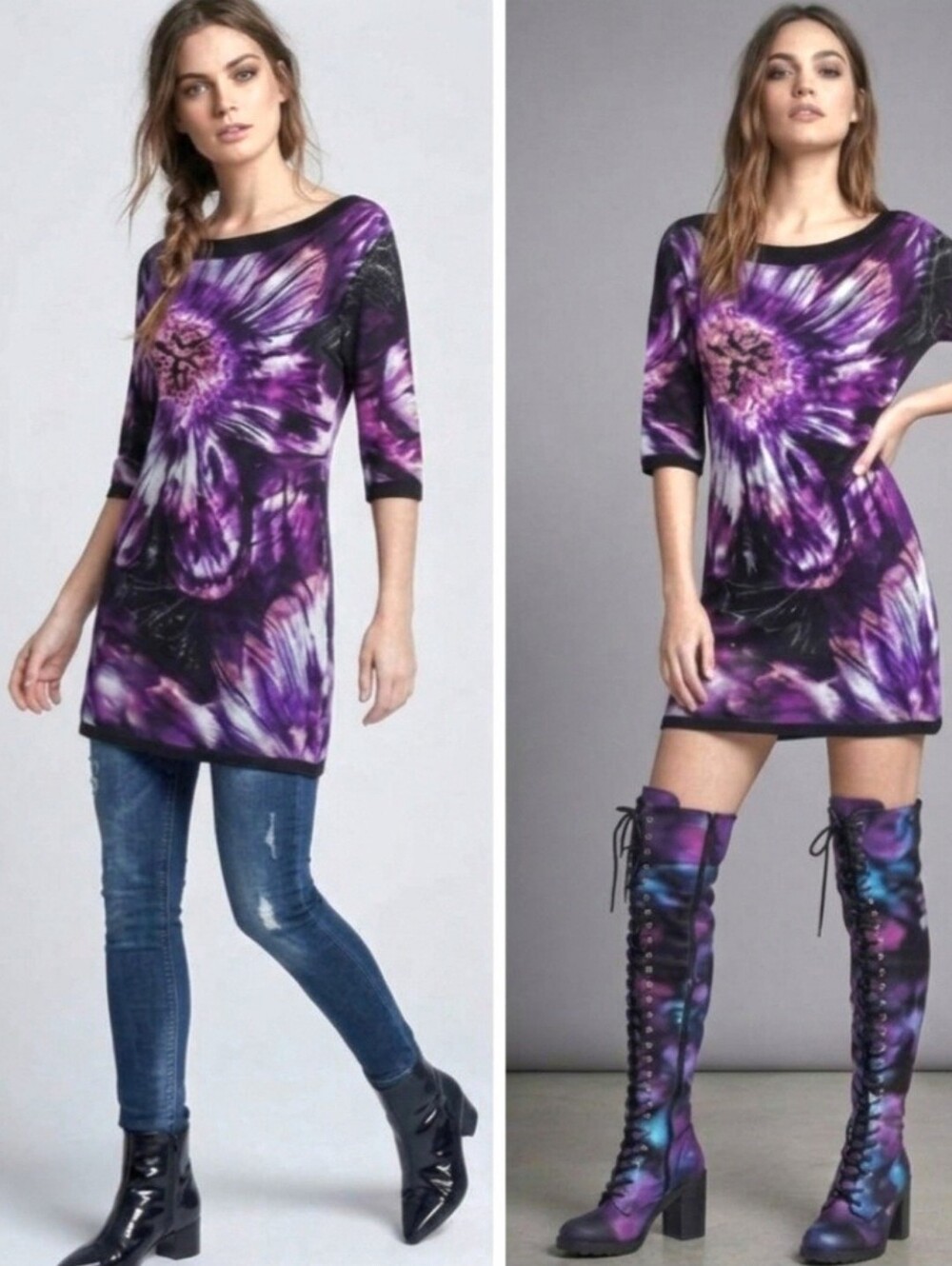 Desigual x Christian Lacroix Purple Floral Knit Tunic Dress Size XL